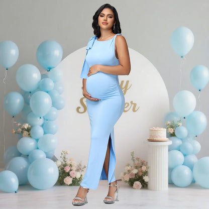 Maternity Tie Twisted Sleeveless Dress Solid Sexy Slim Pregnant Women Evening Party Gown for Baby Shower Photoshoot