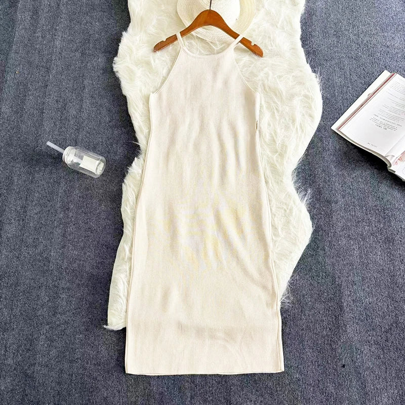 Sexy Summer Knit Strap Dress Women Halter Elatic Waist Bodycon Sundress Female Beach Solid Maxi Long Dress