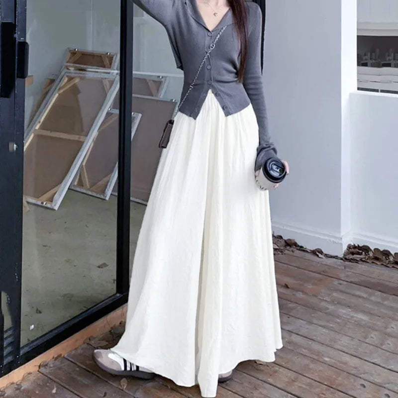 2025 New Women's High Elastic Waist Long Skirts Summer Solid Casual Loose Pleated Maxi Skirt Fashion Streetwear Big Swing Skirts