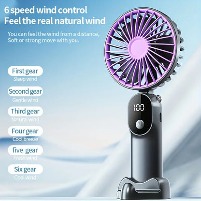 Portable USB Fan 6 Speed Digital Display Foldable 3-in-1 Handheld Neck Desk Fan for Outdoor Travel Home Office Cooling