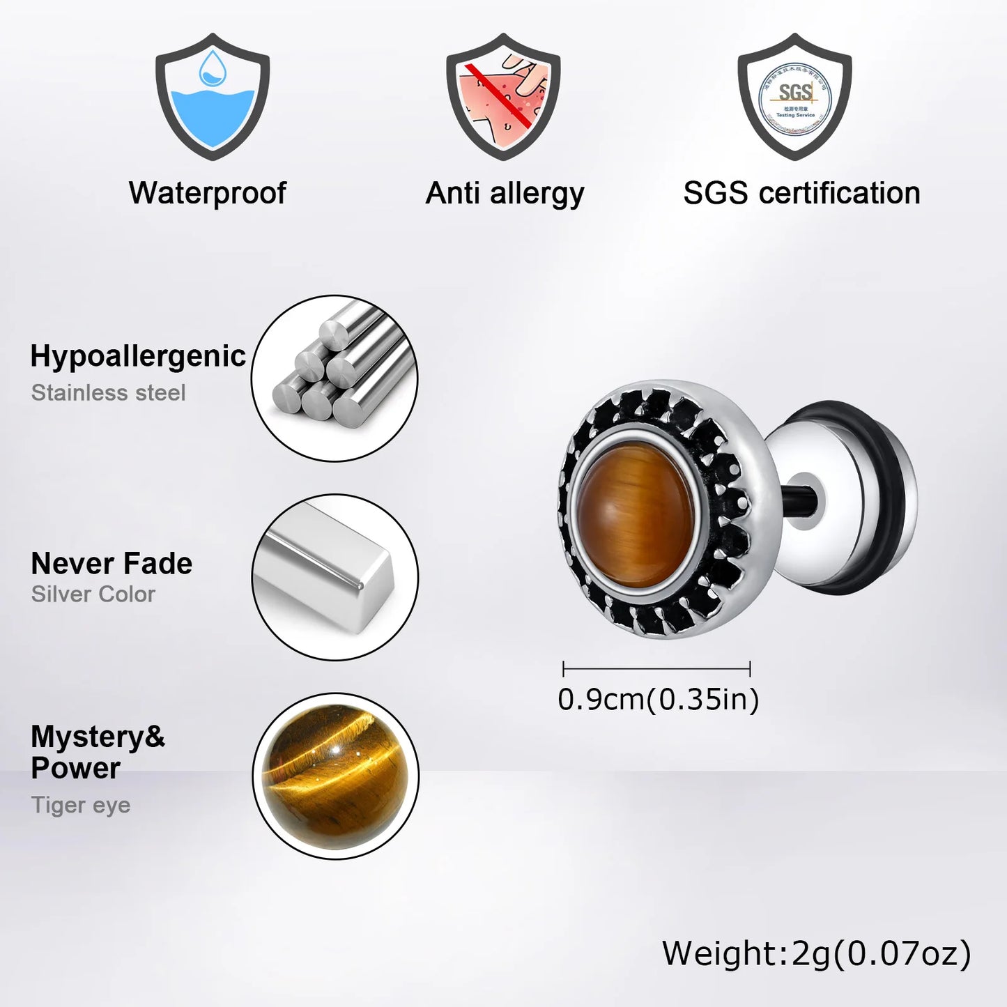 Vnox Vintage Punk Black Zircon Earrings for Men, Hypoallergenic Studs Jewelry, Stainless Steel Earrings 9mm Round Jewelry Gifts