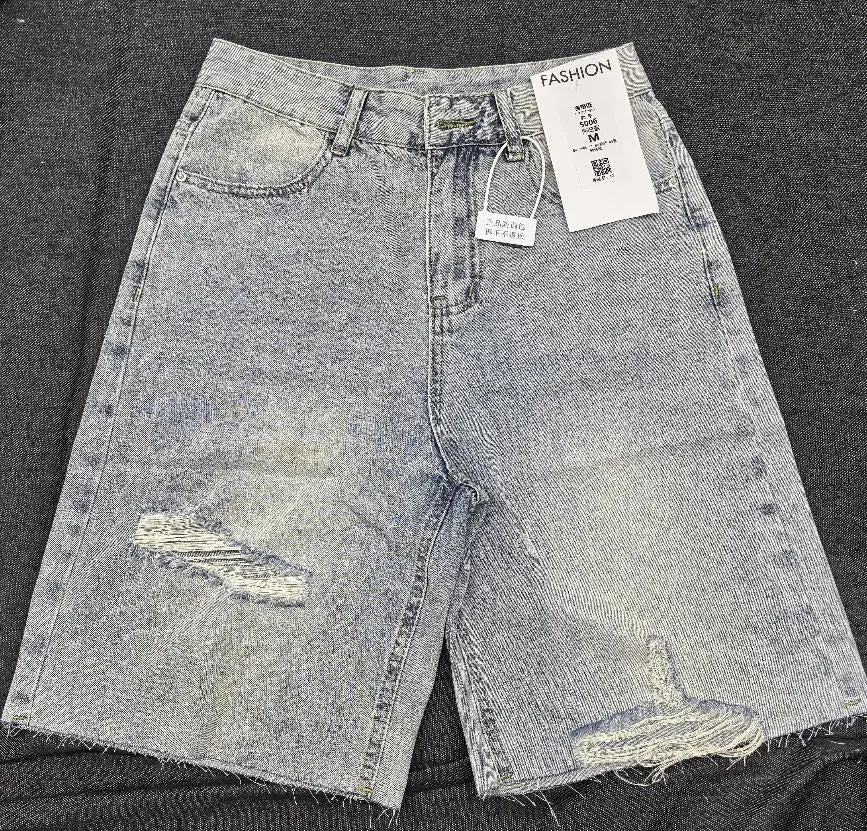 High Waist Retro Jeans Women's Bleached Ripped Loose Raw Hem Cropped Pants Knee Length Denim Shorts
