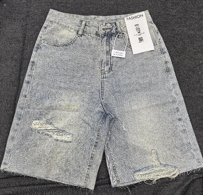 High Waist Retro Jeans Women's Bleached Ripped Loose Raw Hem Cropped Pants Knee Length Denim Shorts