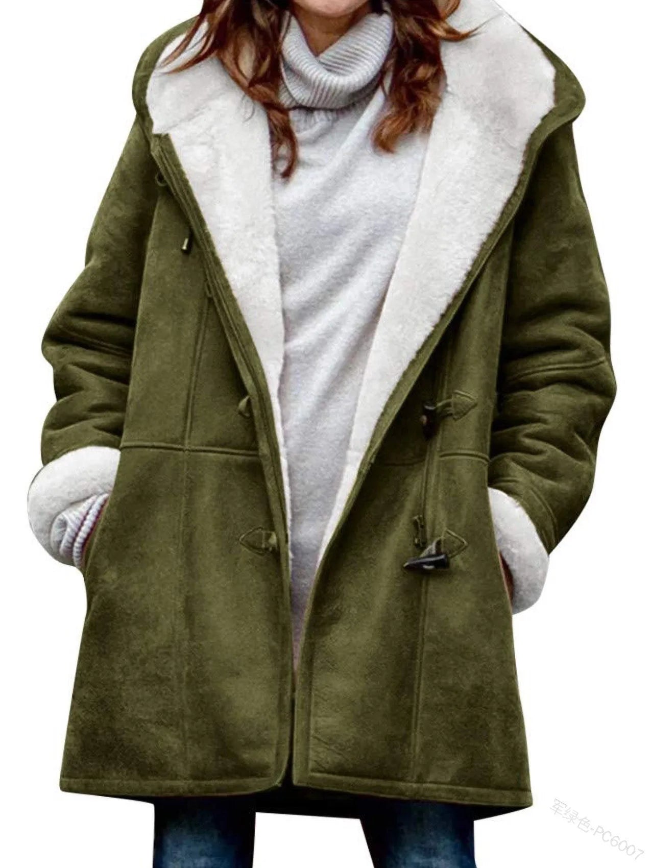 Coat Women's Jacket Cow Horn Buckle Pockets Solid Color Fleece Lined Hooded Overcoat Female Outerwear Winter Clothes Women