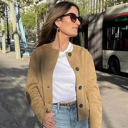 HXAO Suede Jacket Women Spring Outerwears 2025 New In Coats & Jackets Crop O-Neck Button Long Sleeve Coats Chic Elegant Jackets