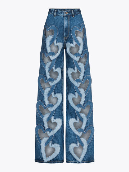 VGH Hollow Out Casual Hit Color Denim Trousers For Women High Waist Patchwork Button Streetwear Loose Straight Pants Female New