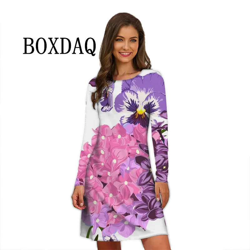 Flower Power Women Dress Retro Hippie 60s Elegant Long Sleeve Loose Dress Casual Fashion Oversized Autumn Woman Print Mini Dress