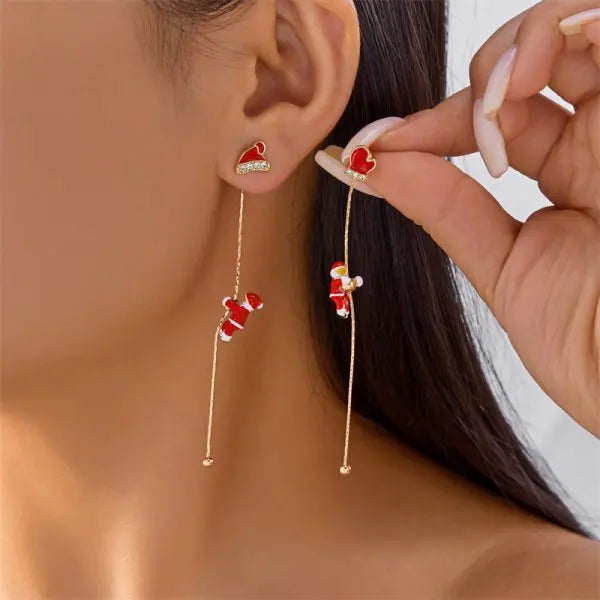 Christmas Asymmetrical Santa Claus Long Tassel Earrings for Women Elegant Snowflake Xmas Tree Elk Earrings Party Jewelry Gifts