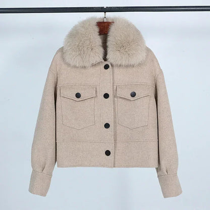 Wool Women Fur Coat New Autumn Winter Real Fox Fur Collar 10% Cashmere 90% Wool Fur Jacket Short Casual Loose Wool Coat