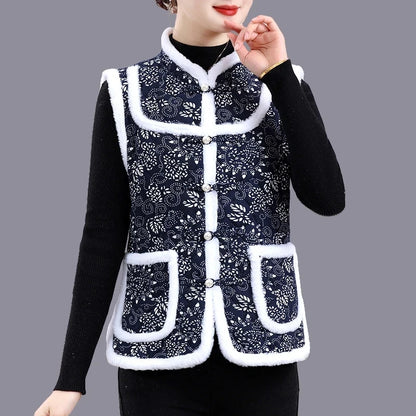 5XL Middle-aged Mother Vest Autumn Winter New Printed Fleece Vest Coat Female Sleeveless Jacket Grandma Thicken Warm Waistcoat