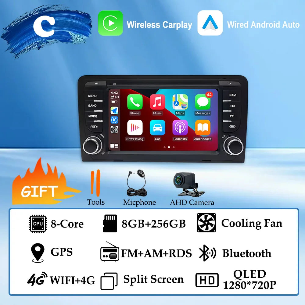 GPS Navigation 7 inch 4G Wifi Car Radio Android 16 for Audi A3 8P 2003-2011 S3 RS3 Sportback CarPlay Multimedia Player Video DSP