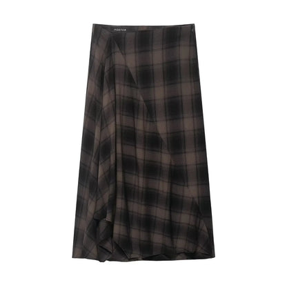 Casual Brown Plaid Midi Skirts Woman Fashion High-waist A-line Pleaded Skirts Party Daily Outdoor Trendy Attire 2026 Spring New