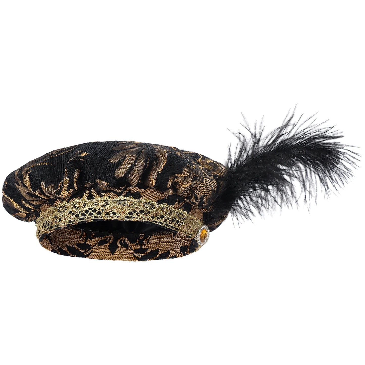 Medieval men's and women's hats with feathers, muffin top hats, Renaissance-era flat hats and clothing headdresses