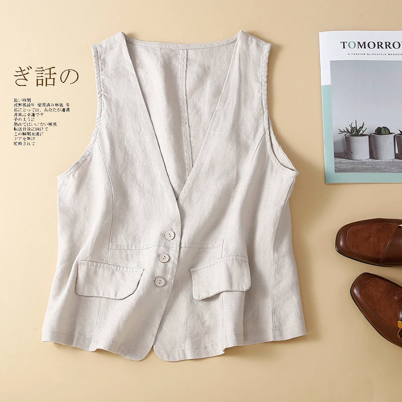 TingYiLi Cotton Linen Sleeveless Jacket For Women Summer V-neck White Khaki Green Black Vest Korean Style Waistcoat Cardigan