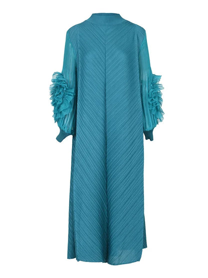 YUDX High Quality Maxi Miyake Pleated Dress Round Neck Spliced Fungus Full Sleeve Dresses For Women 2025 New Spring Clothing