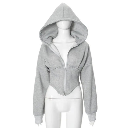 Soft Solid Color Hoodies Women V Shape Lower Hem Streetwear Cardigan Crop Top Fish Bone Long Sleeve Hooded Coat Spring