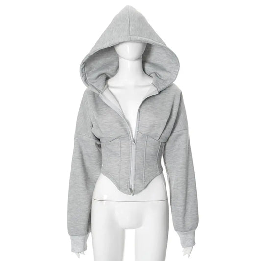 Soft Solid Color Hoodies Women V Shape Lower Hem Streetwear Cardigan Crop Top Fish Bone Long Sleeve Hooded Coat Spring