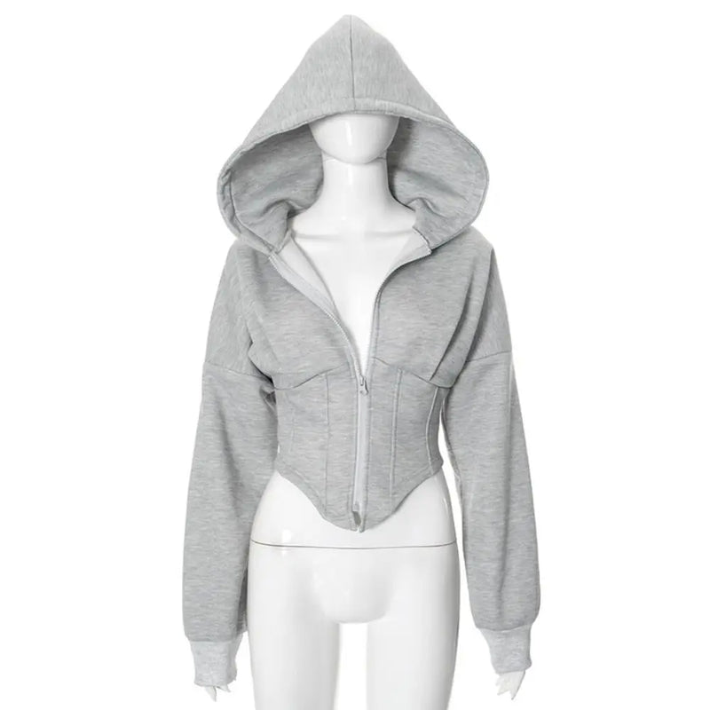 Soft Solid Color Hoodies Women V Shape Lower Hem Streetwear Cardigan Crop Top Fish Bone Long Sleeve Hooded Coat Spring