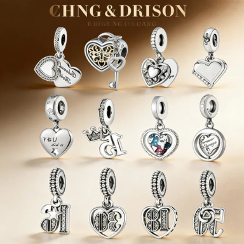 New 925 Sterling Silver Heart Number Charms Fit Original Europeans Bracelet Love Angel Wings Globe DIY Jewelry Gift for Women