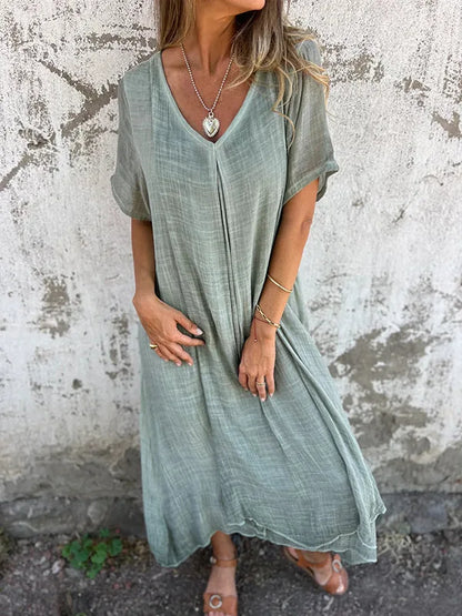 Women's Short-sleeved Cotton and Linen Dress V-neck Loose Large Size Casual Vacation Street Thin Long Skirt