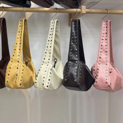 Vintage Rivet Women Shoulder Bags Motorcycle Style Underarm Bag Luxury Soft Pu Leather Crossbody Bag Retro Trend Handbags 2025