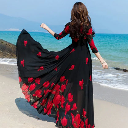 2025 Summer New Korean V-Neck Printed Chiffon Dress Women's Slim Oversize 4XL Long Sleeve Large Swing Slim Beach Long Dresses