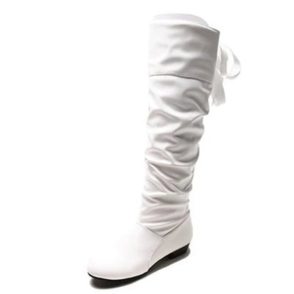 Shoes For Women  Knee High Boots Red Black White Tall Boots Woman Pleated Low Heel Casual Leather Female Long Shoes