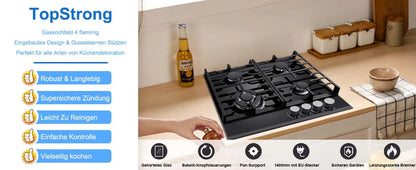 60cm Built-in Gas Hob 4 Burner | Flame Failure Protection & Cast Iron Grates | Black Glass Dual Fuel (NG/LPG)