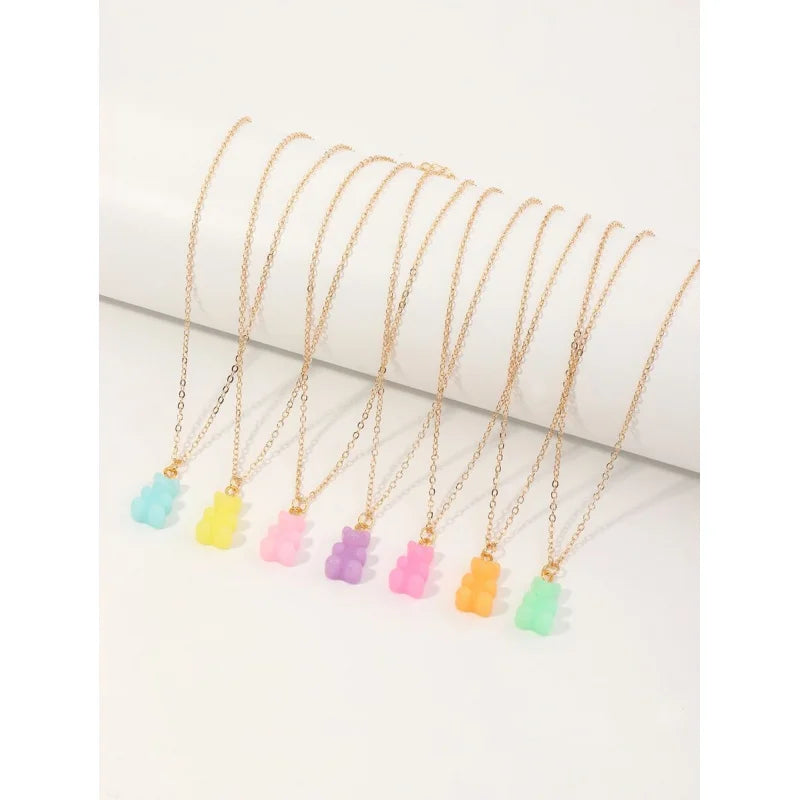 7pcs Cute Girls‘ Bear Charm Necklace Set, Sweet Dainty Jewelry for Daily Wear & Gifting