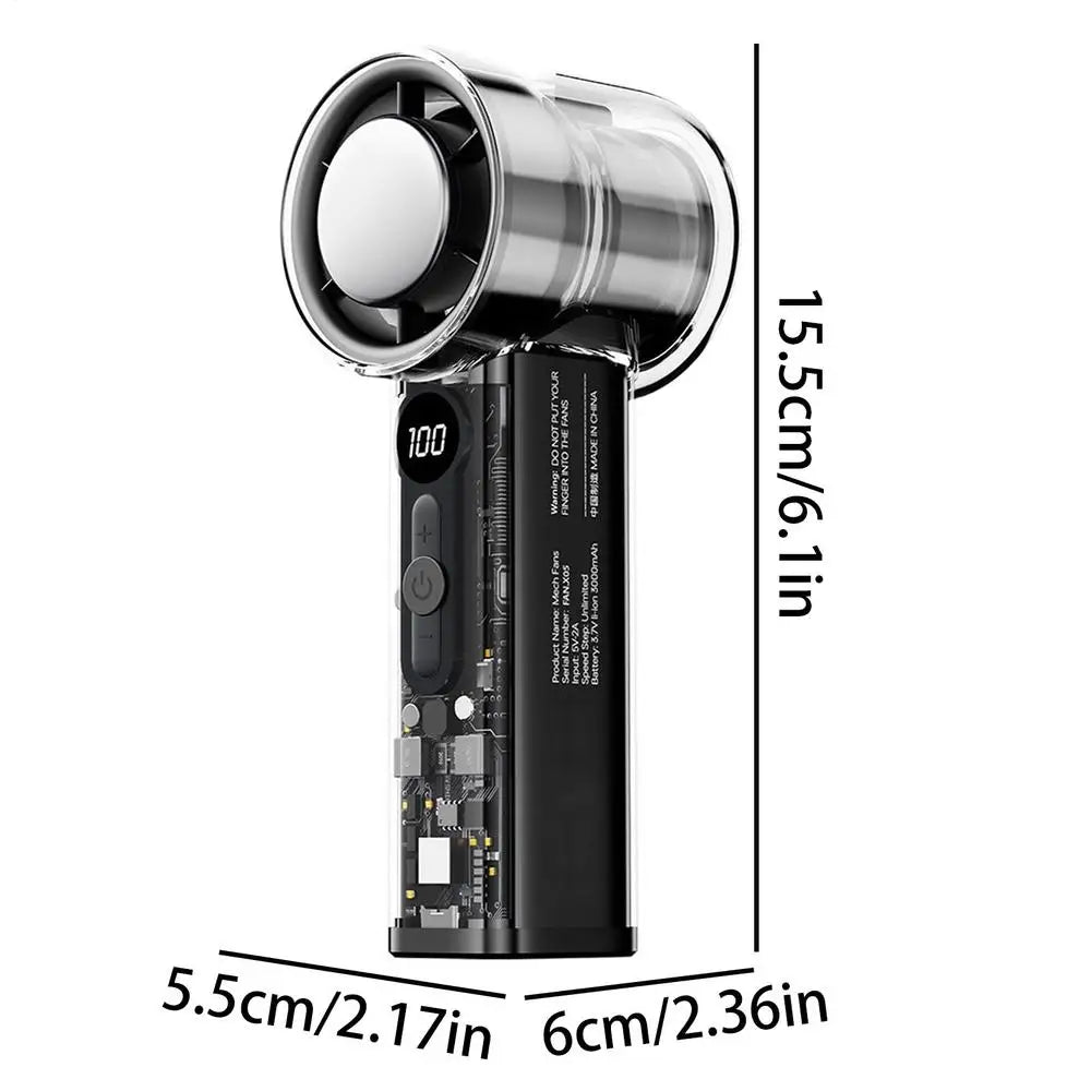Portable Handheld Fan Transparent 100 Speeds USB Rechargeable 3000mAh Mini Portable Personal Fan for Home Office Travel Picnic