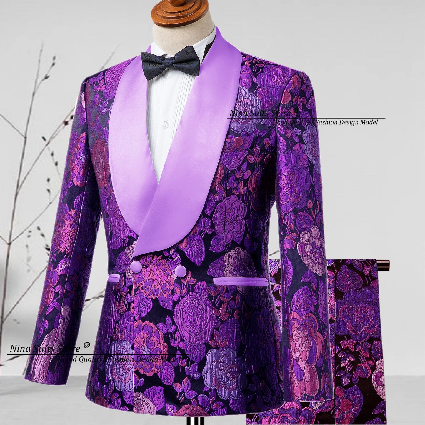 G&N 2025 New Jacquard Suit Men's 2-piece Formal Ball Performance Set Black Satin Collar Purple Rose Red Flower Pattern Costumes