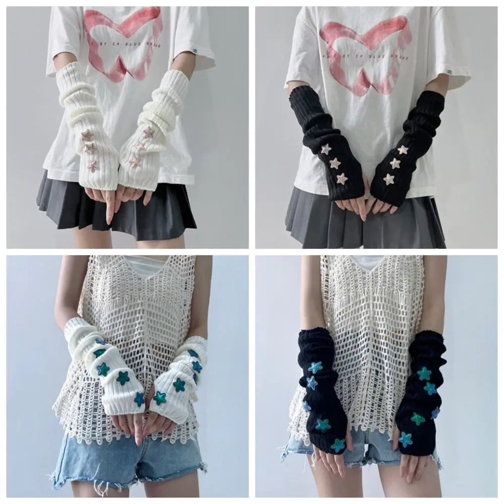 Punk Solid Color Star Knitted Gloves Y2k Gothic Wool Sleeve Cuff Long Hand Sleeve Arm Warmers Winter