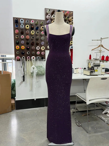 DEAT Fashion Rhinestone Purple Spaghetti Strap Evening Dress Women's Slim Backless Ankle-length Dresses New 7A2294
