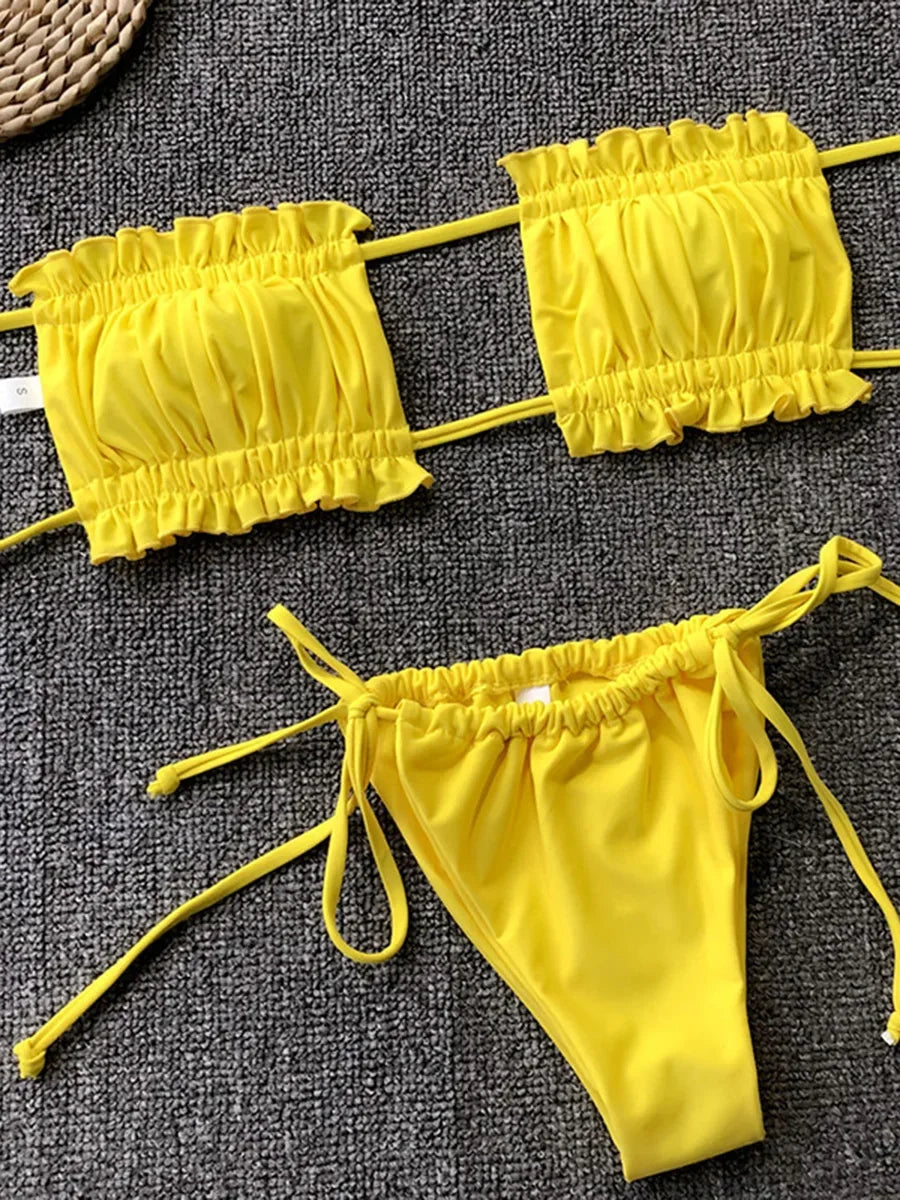 Tie Dye Pleated Ruffled Bikinis Bandeau Bikini Women Swimsuit Female Swimwear Two-pieces Bikini Set Hollow Out Bathing Suit Swim