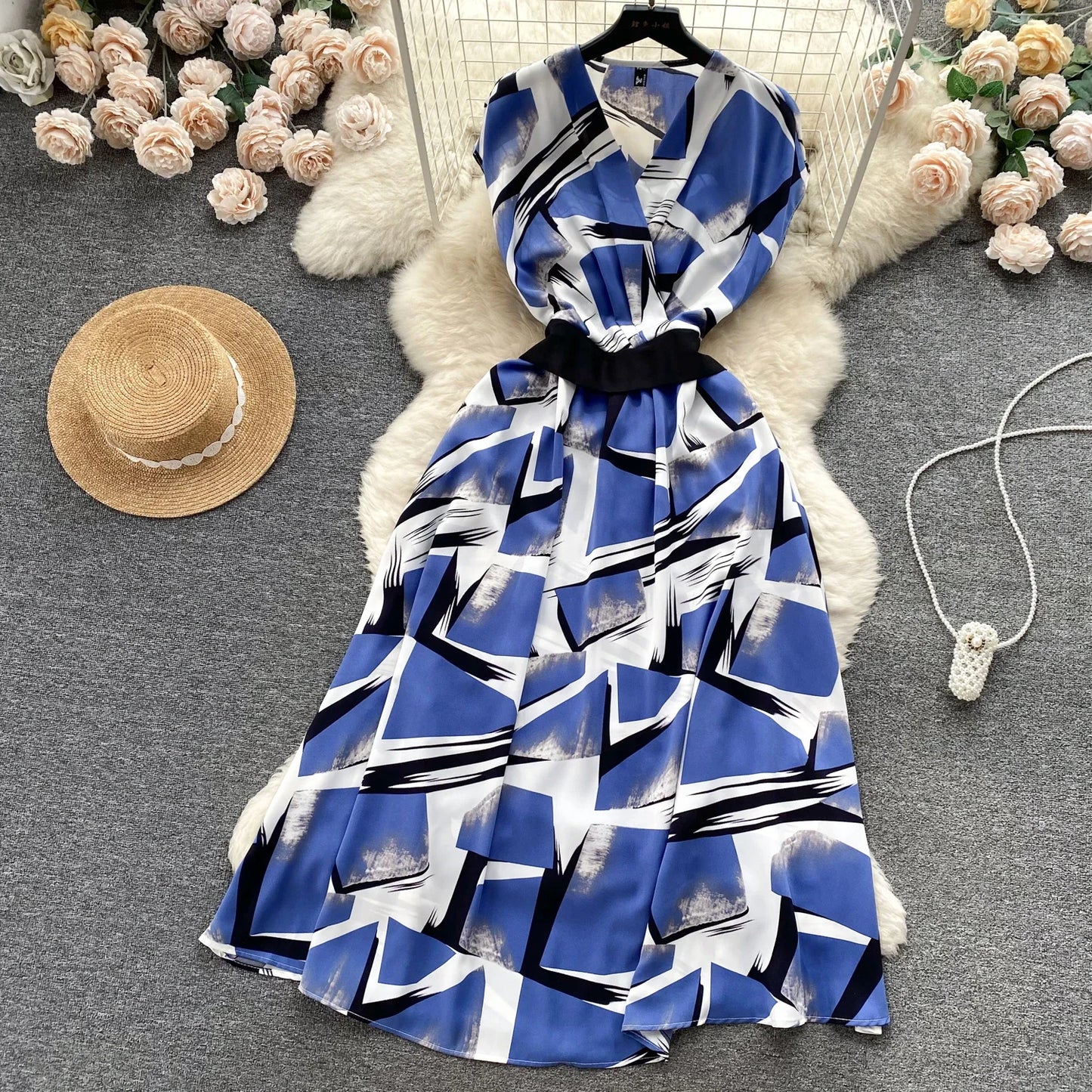 2026 Summer Bohemian Wommen Print Midi Dress Vintage V-Neck Sleeveless High Waist A-Line Plain Vestido Female New Casual Robe