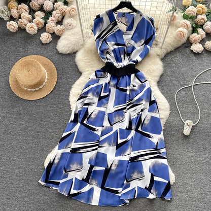 2026 Summer Bohemian Wommen Print Midi Dress Vintage V-Neck Sleeveless High Waist A-Line Plain Vestido Female New Casual Robe