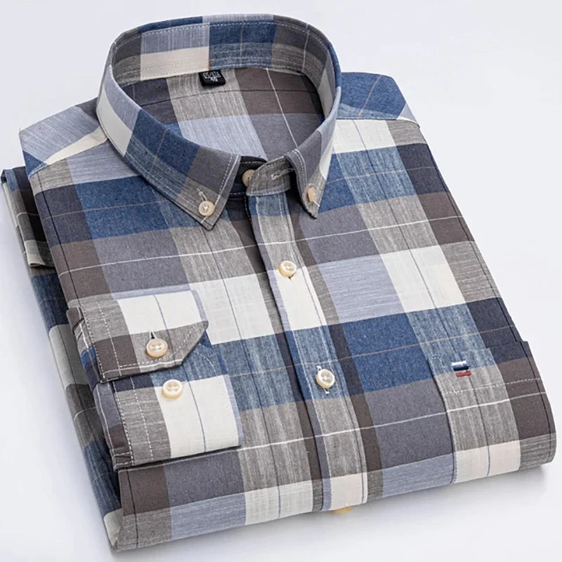 Men's Long Sleeve Oxford Dress Shirt 100% Cotton Plaid Checkered Chest Pocket Button Down Collar Casual Shirts