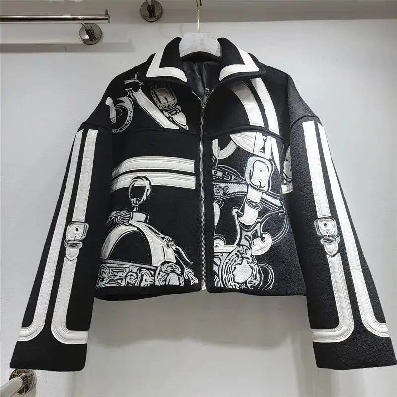HKSH Autumn Winter New Women Short Woolen Jacket Heavy Embroidery Patchwork Contrast Color Zipper Streetwear Trendy Coat HK12891