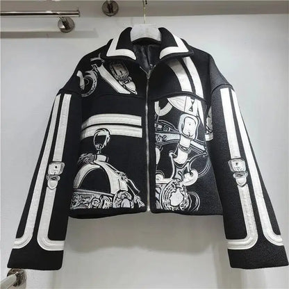 HKSH Autumn Winter New Women Short Woolen Jacket Heavy Embroidery Patchwork Contrast Color Zipper Streetwear Trendy Coat HK12891