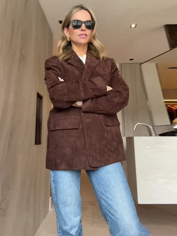 Vintage Brown Suede Jacket for Women Single Breasted Turn-down Collar Blazer with Pocket Casual Office Outerwear Autumn 2025
