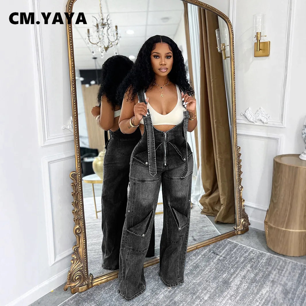 CM.YAYA Women Safari Style Ripped Out Multi Pocke Wide Leg Overalls Denim Pants 2024 Summer Street Fashion Cargo Jeans Trousers