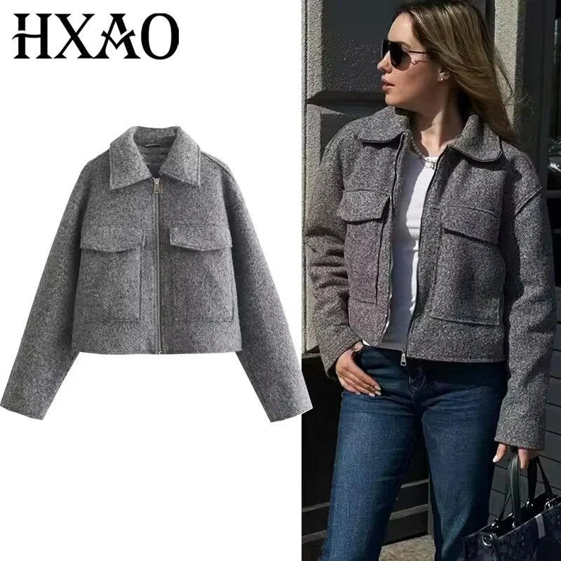 HXAO Women's Coats Autumn Winter Solid Short Coats For Women Tweed Faux Wool & Blends Coats Long Sleeve Cropped Womens Coat