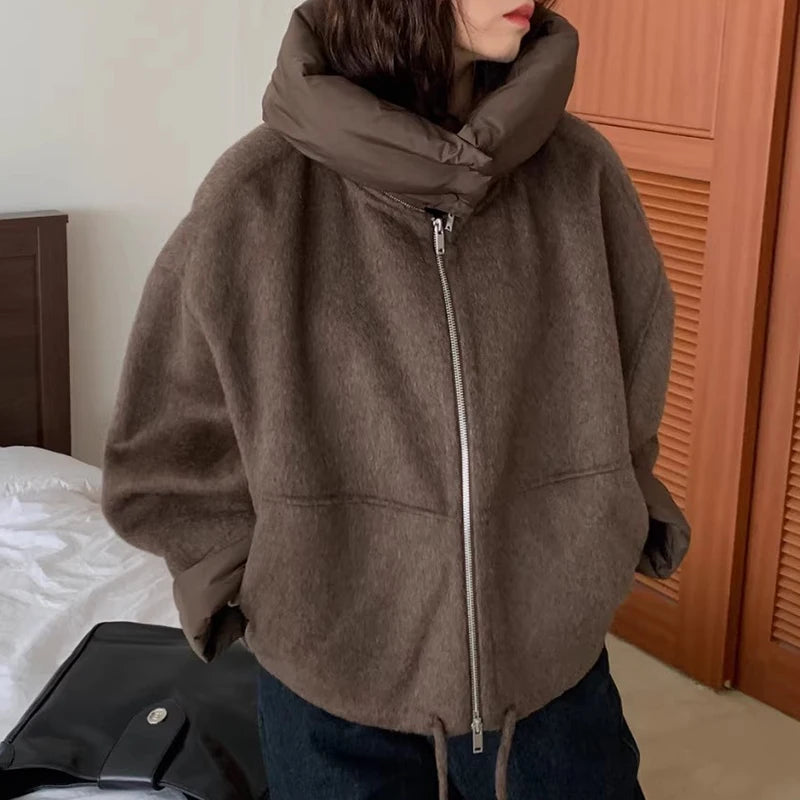 OCEANLOVE Hooded Autumn Winter Woolen Jackets for Woman Solid Warm Chaquetas Korean Fashion Chic Vintage Loose Outwears