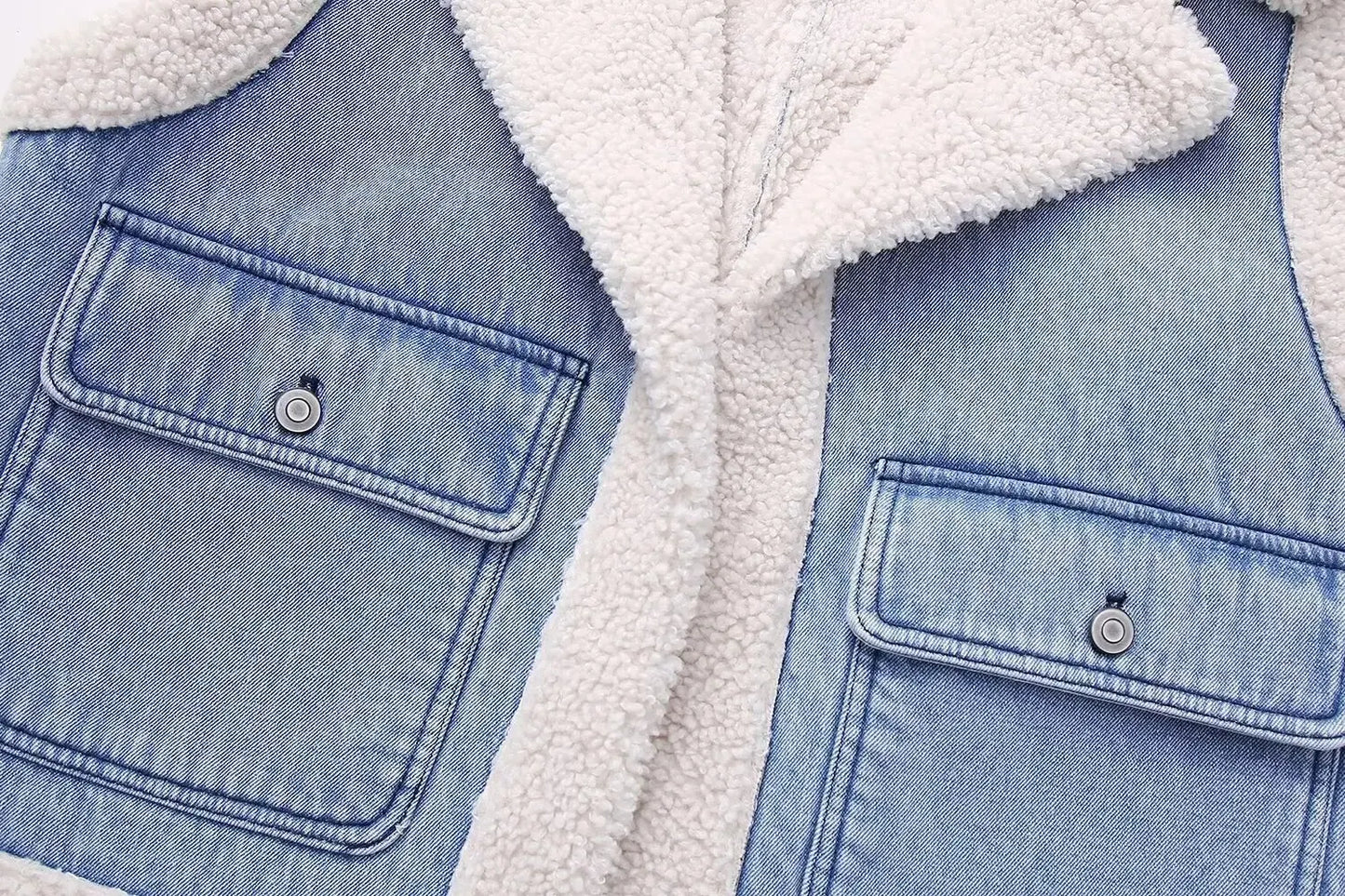 New Women Fashion Turn Down Collar Lamb PatchworkWashed Denim Vest Jacket Female Sleeveless Pockets WaistCoat Tops CT5477