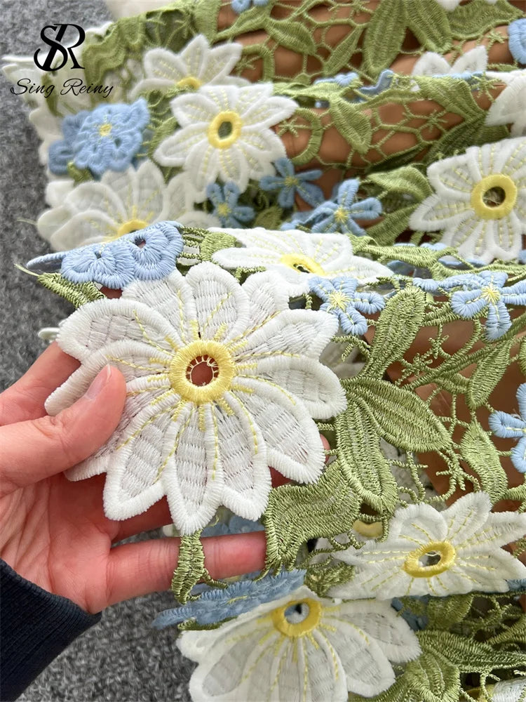 SINGREINY Embroidery 3D Floral Dress Women Sleeveless Hook Flower Hollow Backless Dress 2025 Light Luxury Elegant Long Sundress