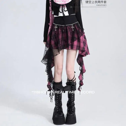 Japanese Harajuku Lace Plaid Irregular High Waist Women Skirt Autumn New Gothic Mini A-line Skirt Fashion High Street Y2k Skirt