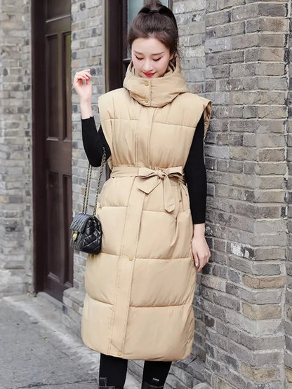2025 Down Cotton Long Waistcoat Women Vest Jackets Warm Elegance Coats Winter Women Korean Lace-up Sleeveless Puffer Jacket