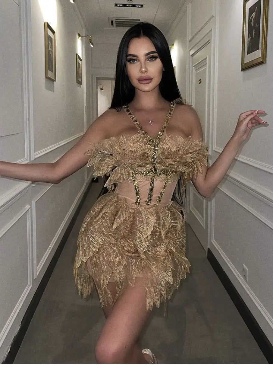 Women Sexy White Gold Crystal Transparent Wings Mini Dress Bar Nightclub Party Singer Stage Performance Costume