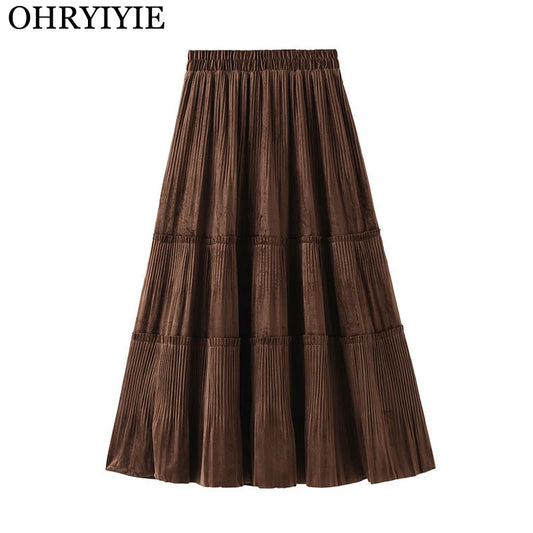OHRYIYIE Solid Color Vintage Long Velvet Pleated Skirt Women 2024 New Autumn Winter Fashion Lady High Waist A Line Skirt Female
