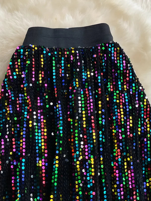 Spring Autumn Korean Sle High Waist Slimming Midi Length Knee-Over A-Line Skirt Faionable Elastic Waist iny Sequins Ful...